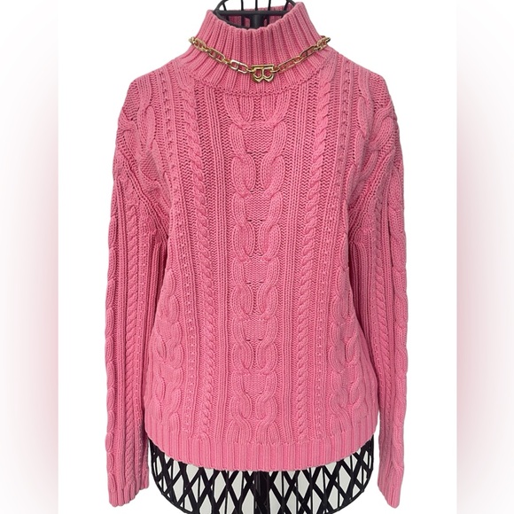 CHAPS Womens Sz L Pink Heavy Cable-Knit Mock Neck Sweater 100% Cotton - Picture 1 of 6